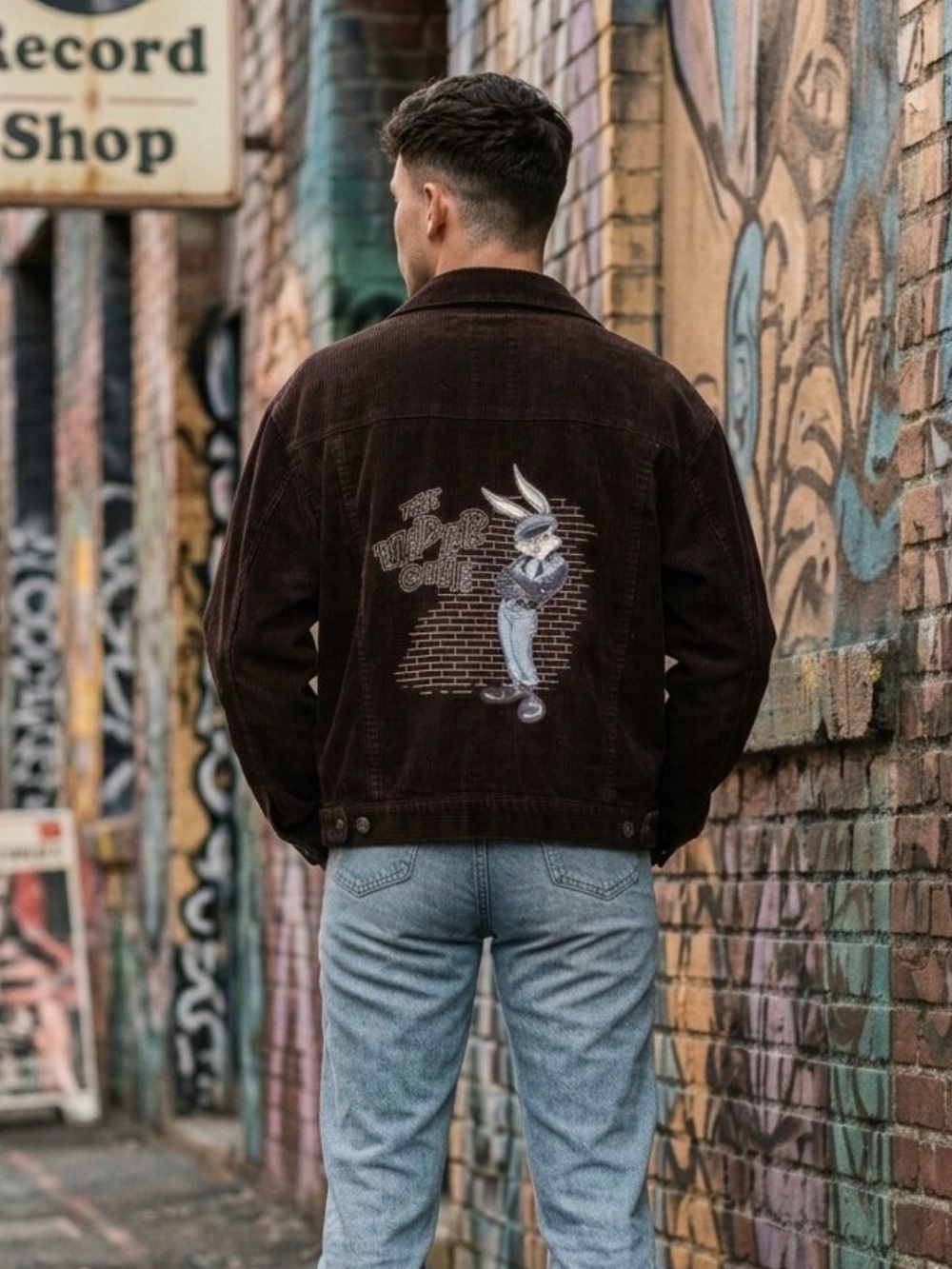 Vintage 90s Looney Tunes Bugs Bunny  "The Wilder One" Black Corduroy Jacket